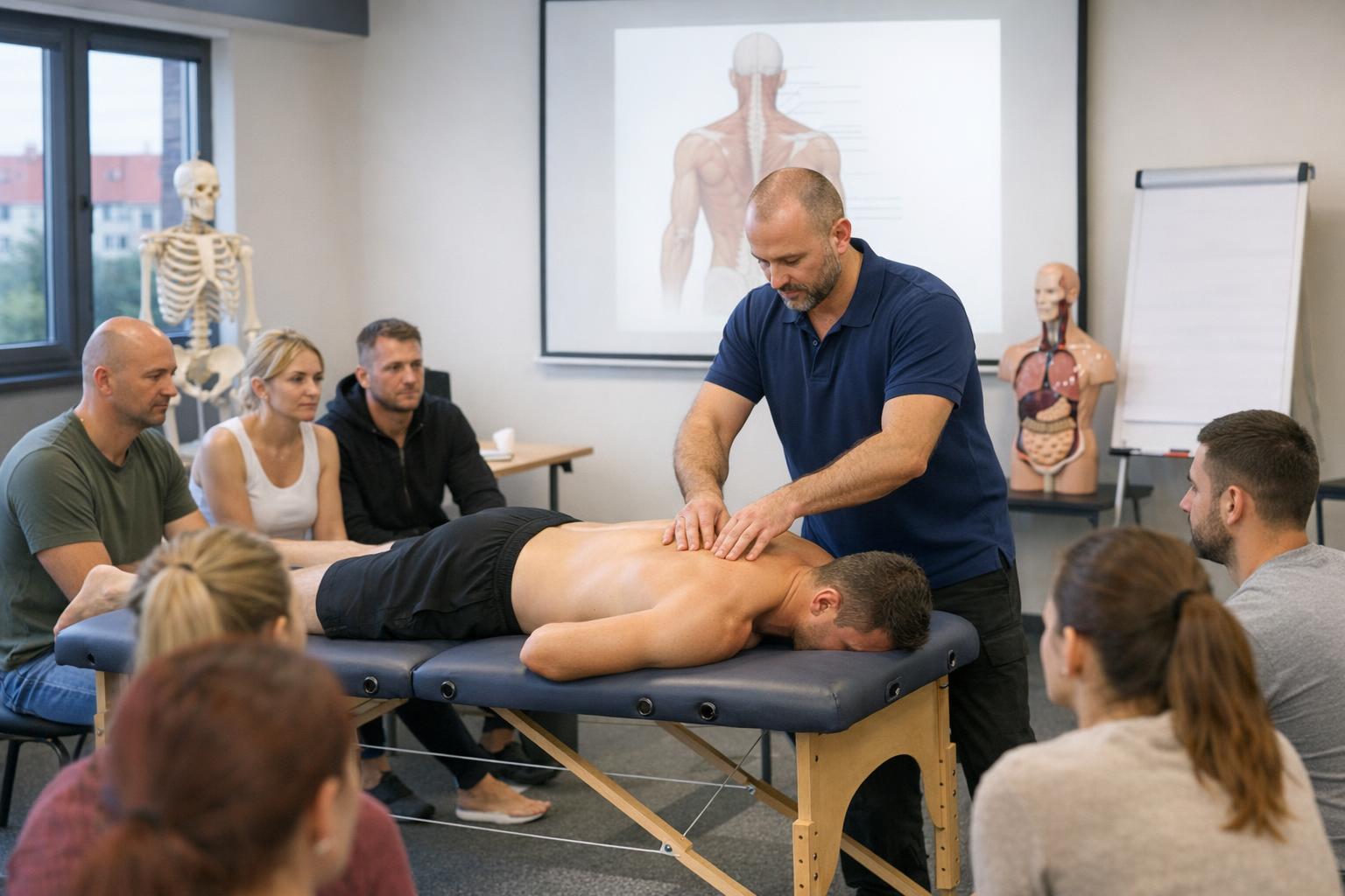 Instruktor pokazuje techniki palpacji na modelu - kurs w Poznaniu