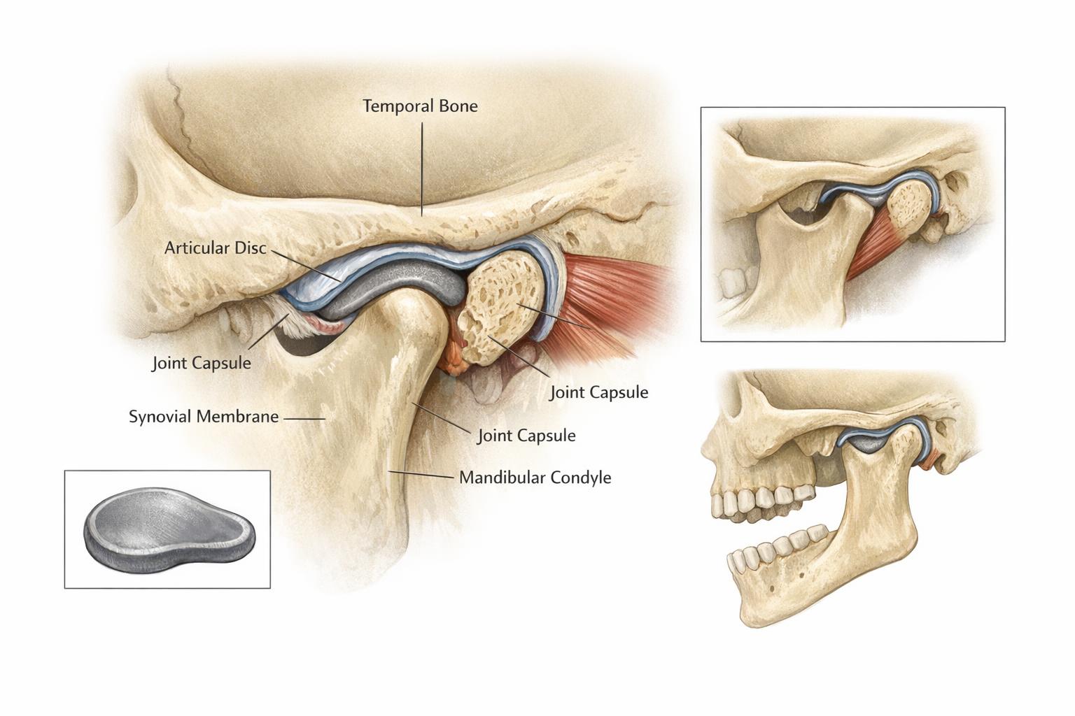 schemat anatomiczny stawu skroniowo-żuchwowego - ilustracja medyczna